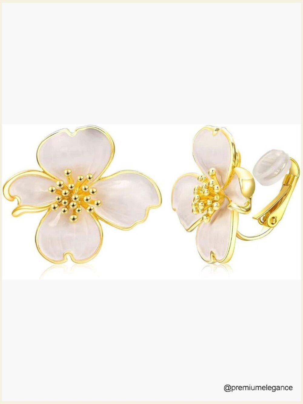 14K Gold Plated Clip On Earrings for Sensitive Ears - Cherry Blossom Design